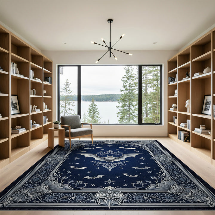 Navy Bat Ornate Floral Area Rug