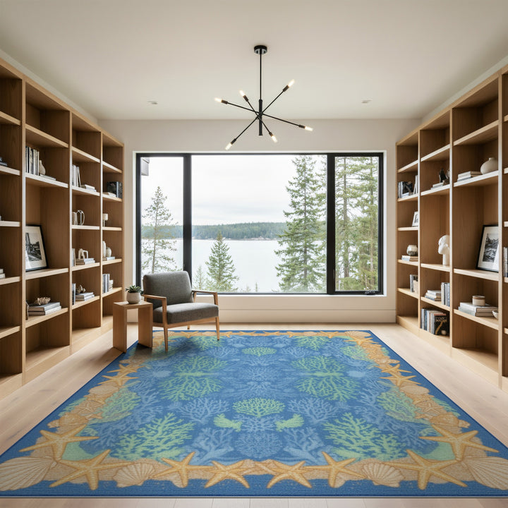 Coastal Beach Blue Coral Reef Coastal Area Rug
