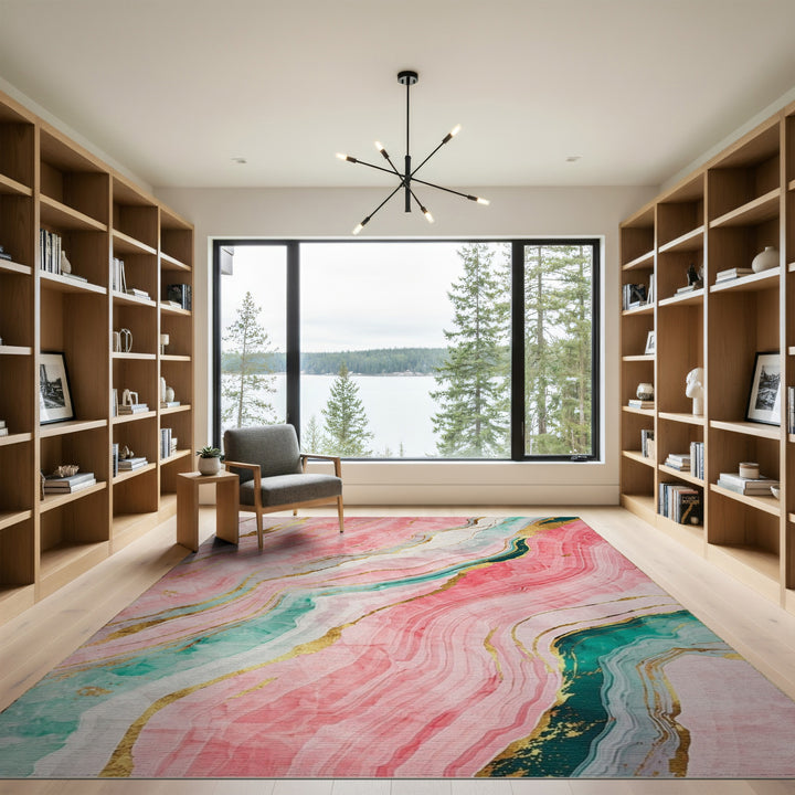 Pink Marble Gold Teal Abstract Area Rug