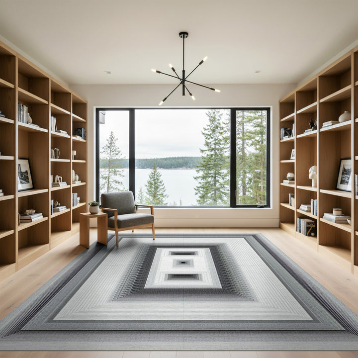 Black White Concentric Geometric Area Rug