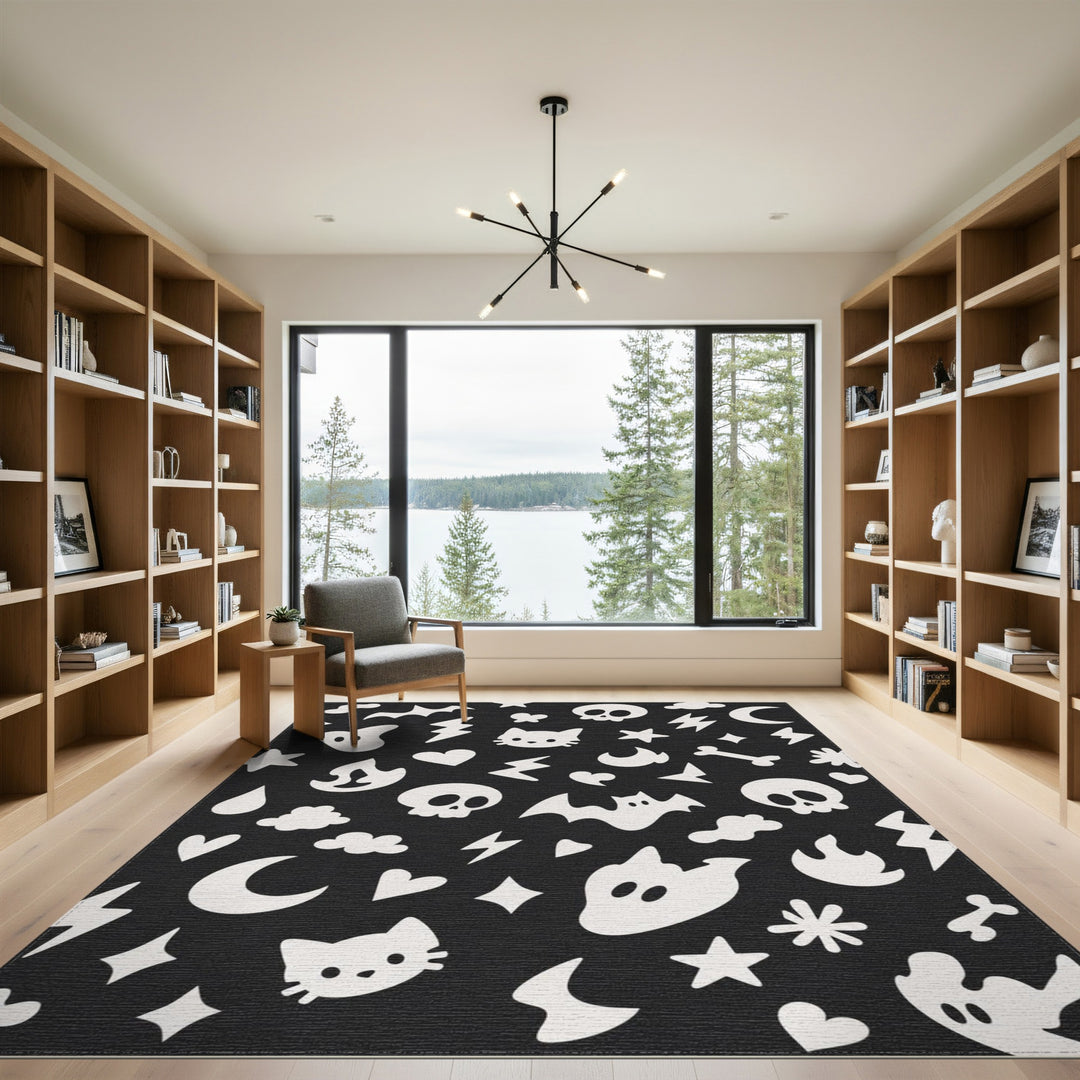 Spooky Halloween Black White Washable Area Rug