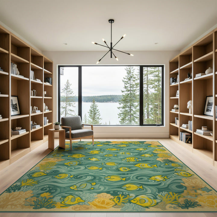 Yellow Fish Teal Wave Coastal Area Rug