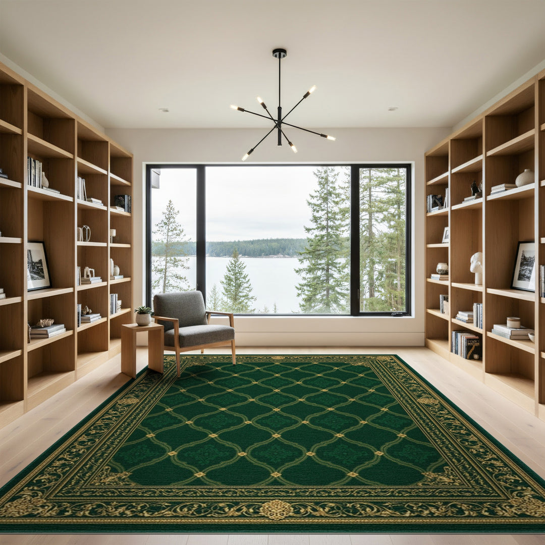 Elegant Dark Green Gold Lattice Persian Area Rug