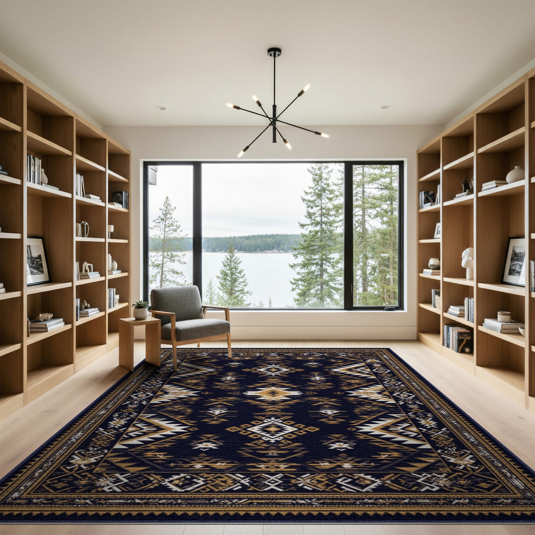 Navy Blue Gold Tribal Area Rug