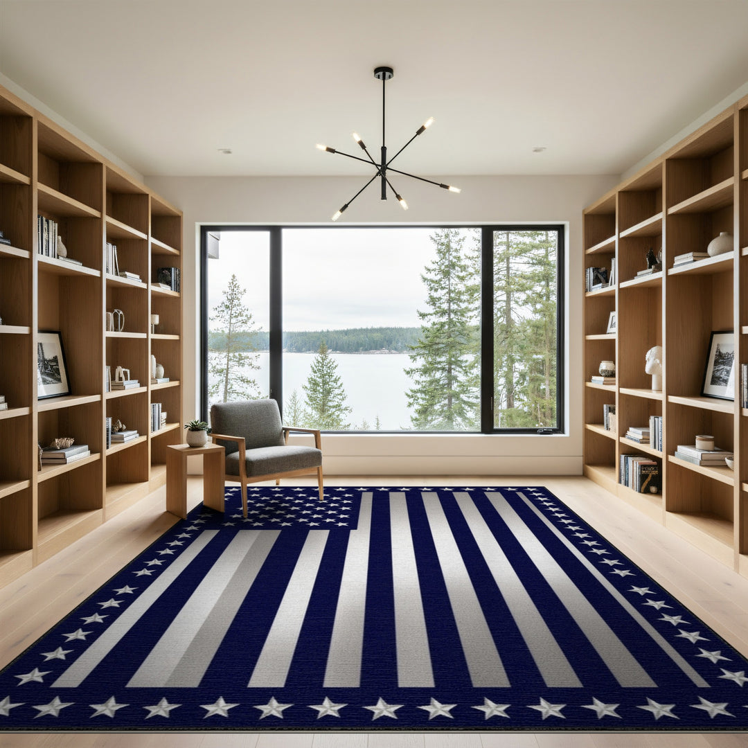 Navy Silver Stripe Flag Area Rug