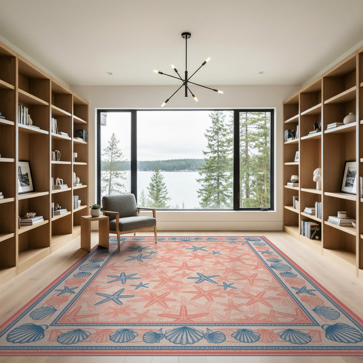 Blue Coastal Seashell and Starfish Area Rug