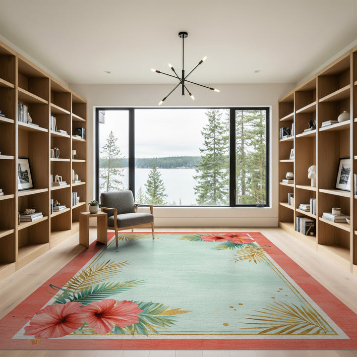 Coral Hibiscus Gold Palm Washable Area Rug
