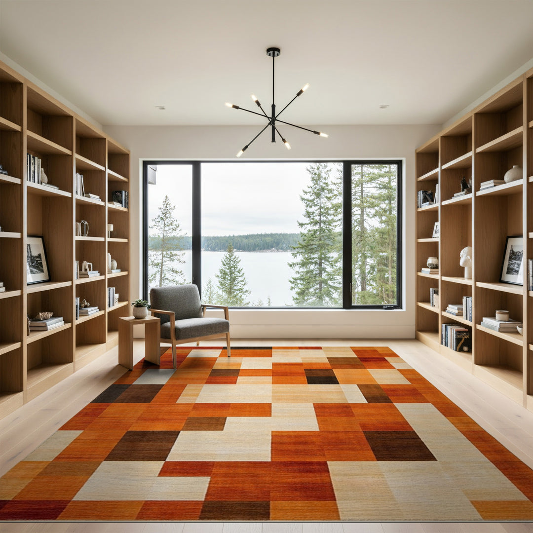 Warm Orange Geometric Block Area Rug