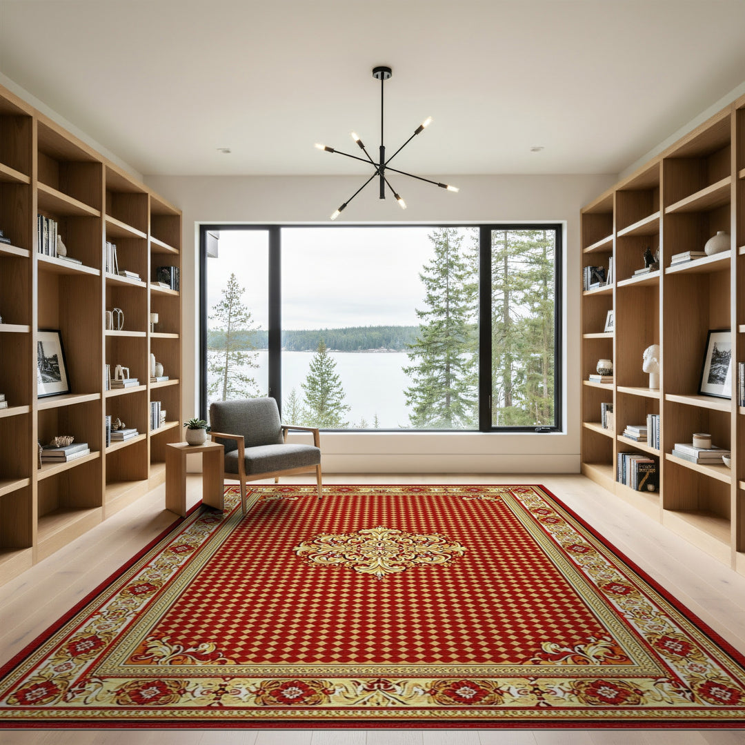 Red Traditional Persian Area Rug with Gold Medallion