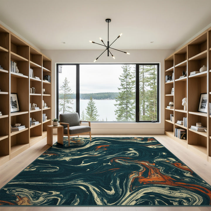 Blue Teal Swirl Abstract Area Rug
