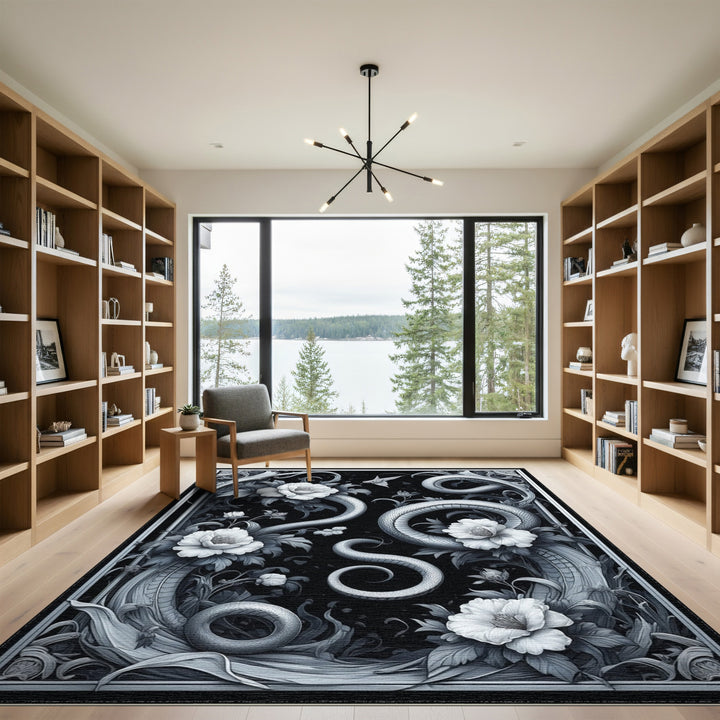 Black White Serpent Floral Area Rug