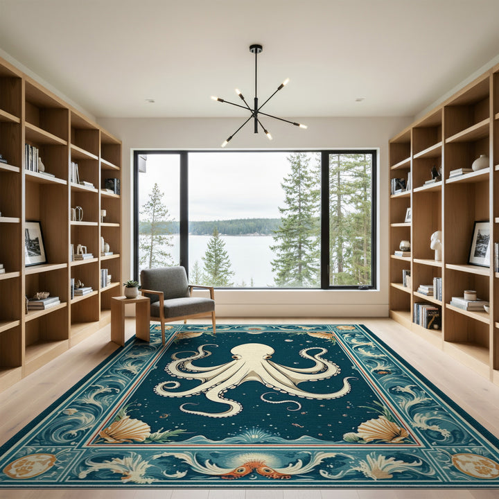Blue Teal Octopus Coastal Area Rug