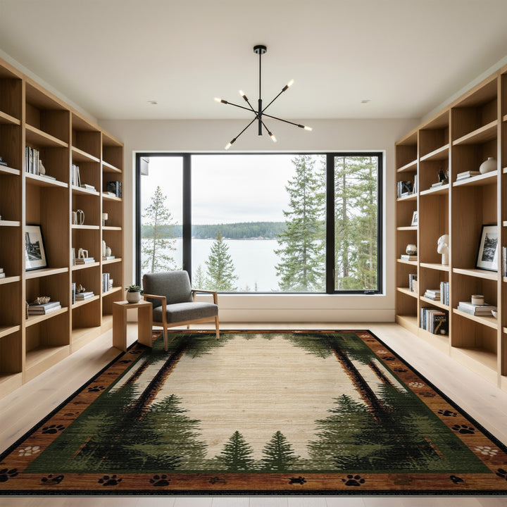 Rustic Pine Forest Paw Print Area Rug