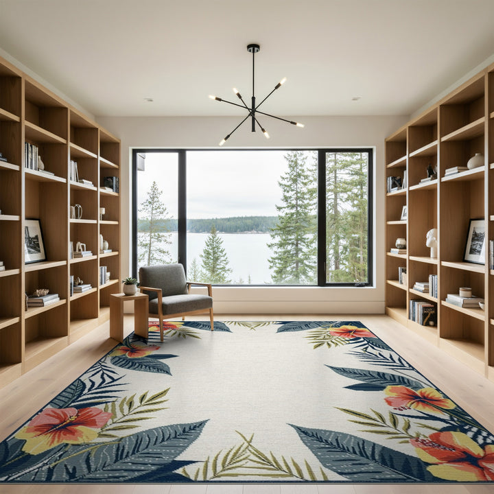 Hibiscus Floral Border Washable Area Rug
