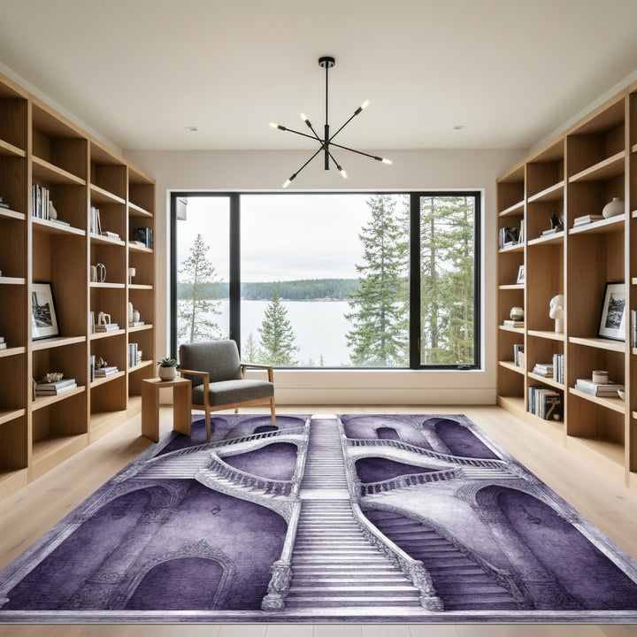 Purple Ornate Staircase Distressed Rug