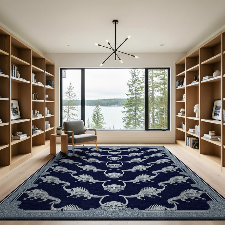 Dinosaur Skeleton Skull Navy Area Rug