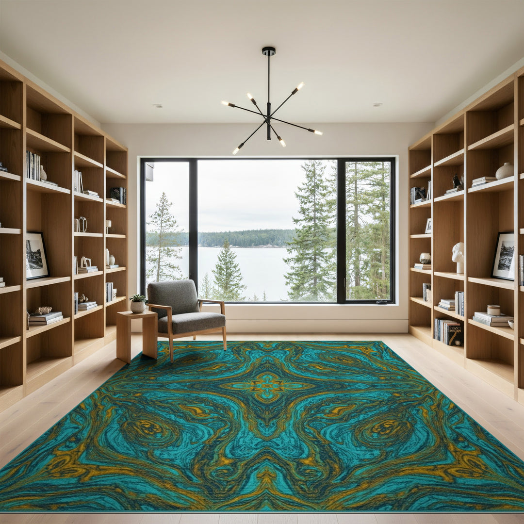 Teal Gold Swirl Abstract Blue and Teal Area Rug