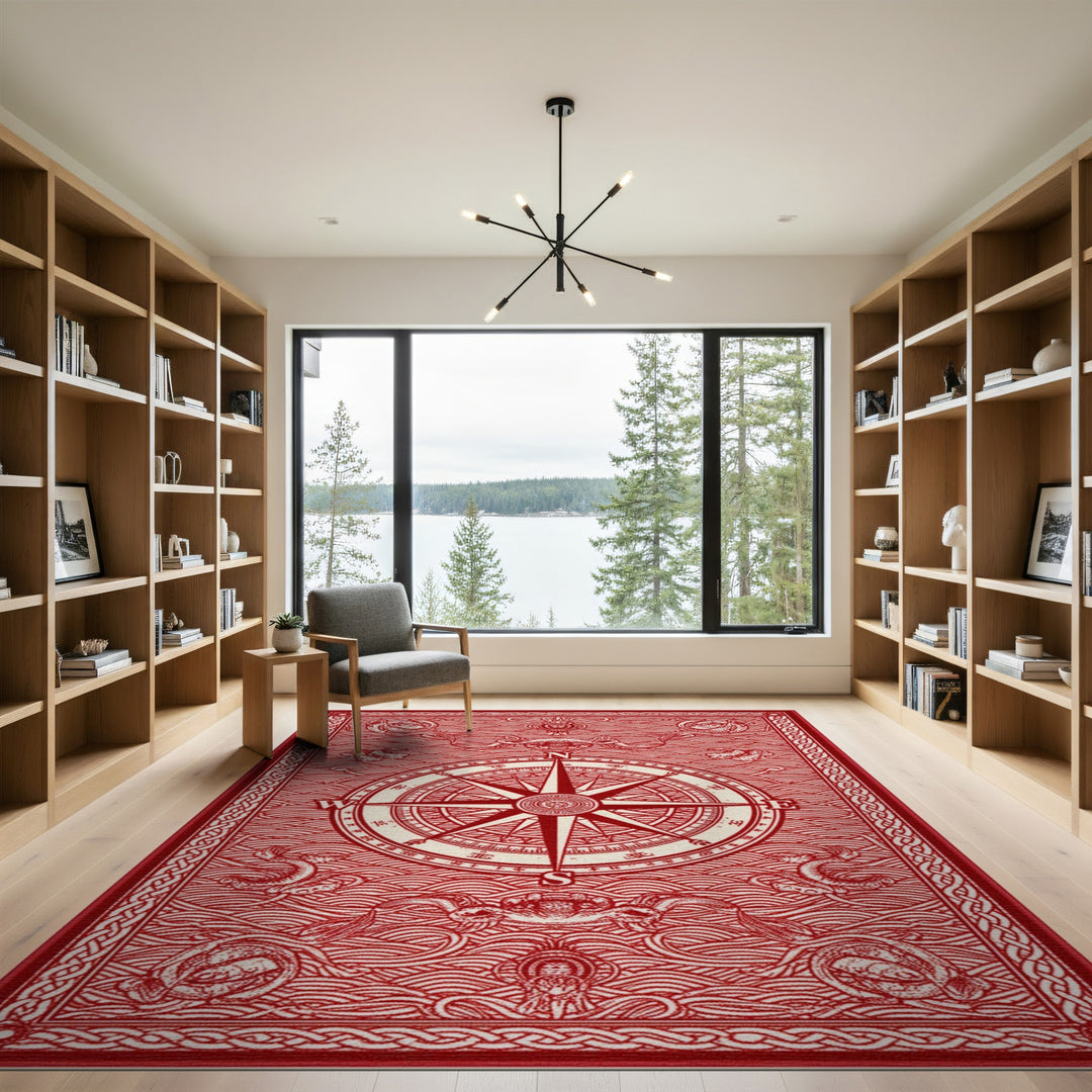 Red Nautical Compass Area Rug