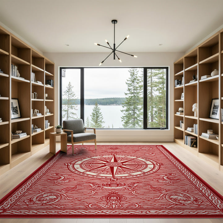 Red Nautical Compass Area Rug
