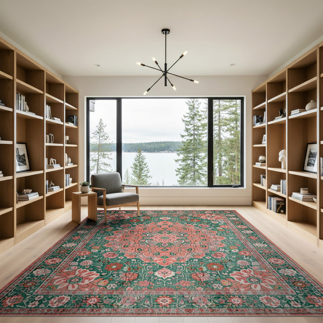 Green Floral Vintage Area Rug