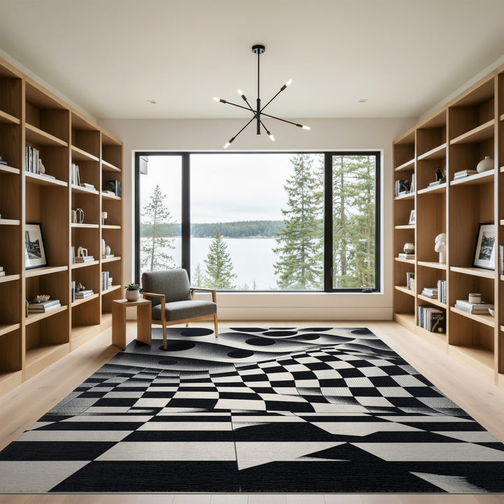 Black White Optical Illusion Checkered Area Rug