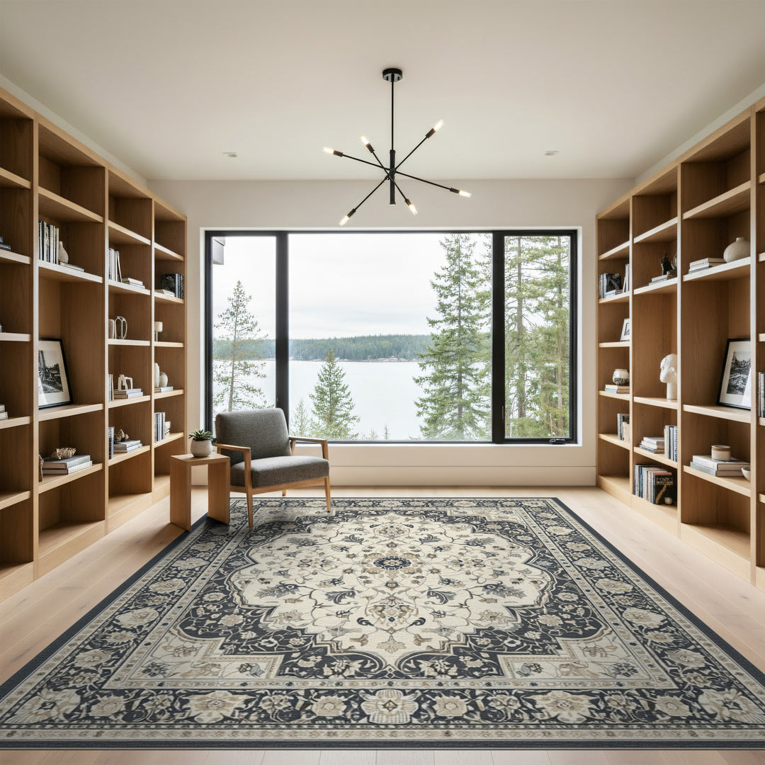 Black Ivory Persian Floral Medallion Area Rug