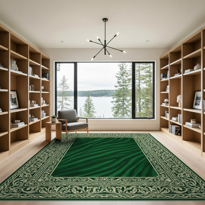 Green Zebra Striped Ornate Vintage Area Rug