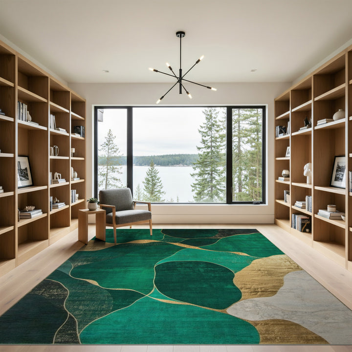Green Abstract Area Rug with Gold Accents