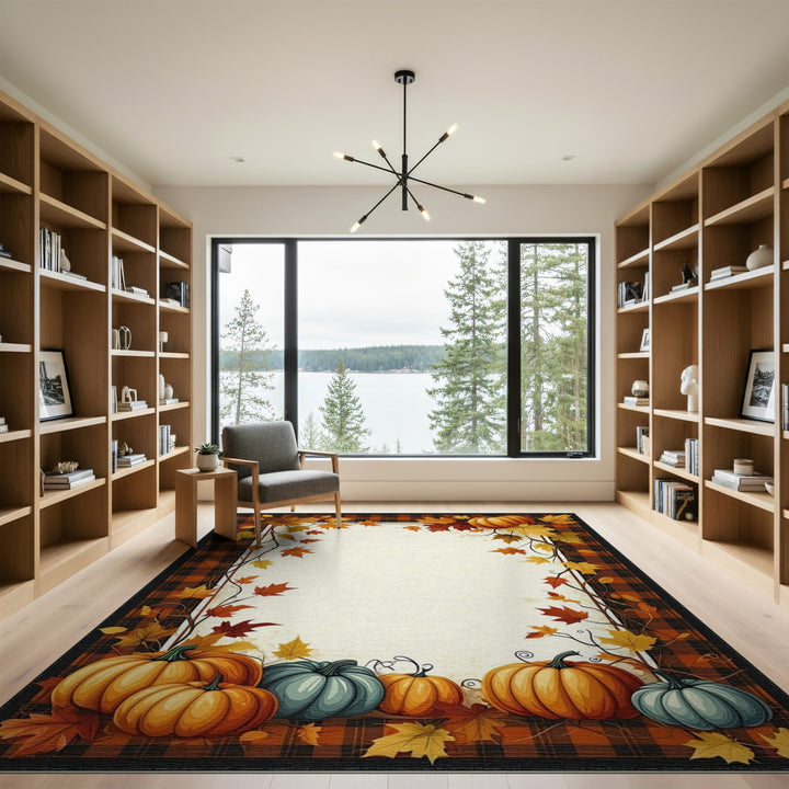 Autumn Pumpkin Plaid Washable Area Rug