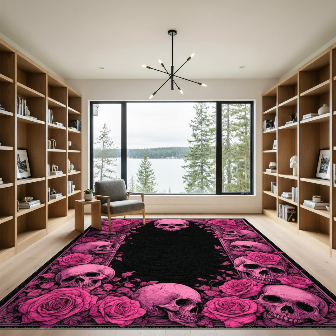 Pink Roses and Skulls Area Rug