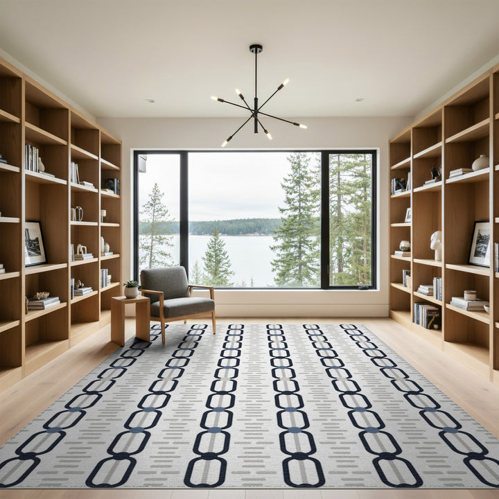 Navy Blue Chain Link Geometric Area Rug