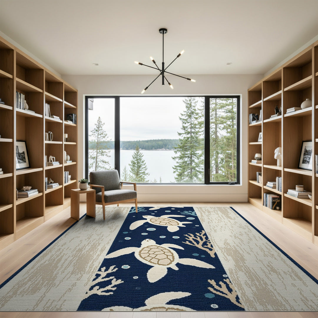 Coastal Beach Coastal Sea Turtle Navy Area Rug