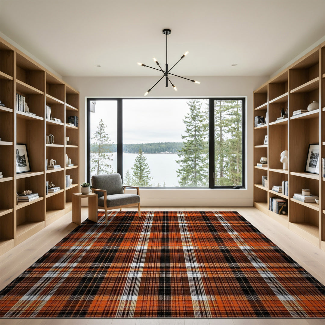 Orange Plaid Washable Geometric Modern Area Rug