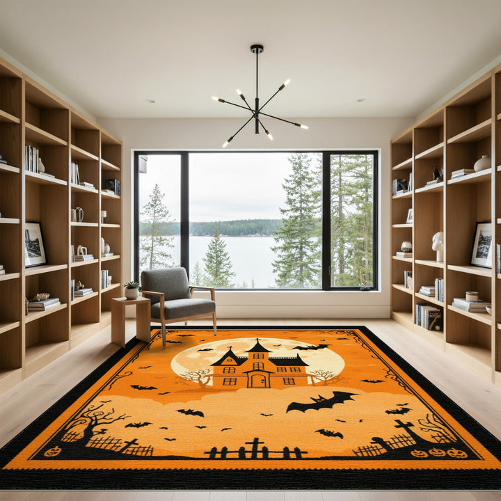 Kids Cartoon Orange Haunted House Halloween Area Rug
