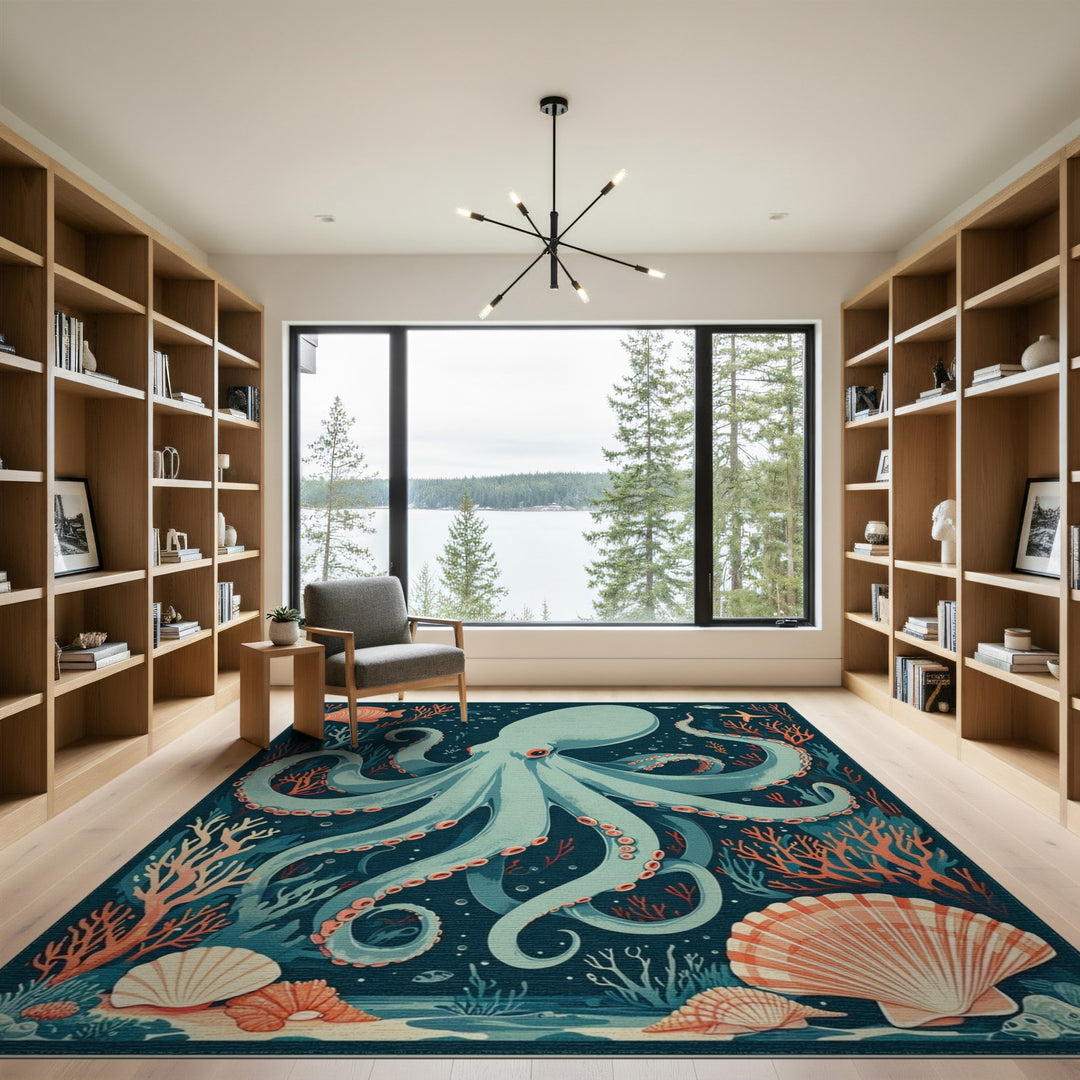 Octopus Teal Coastal Area Rug