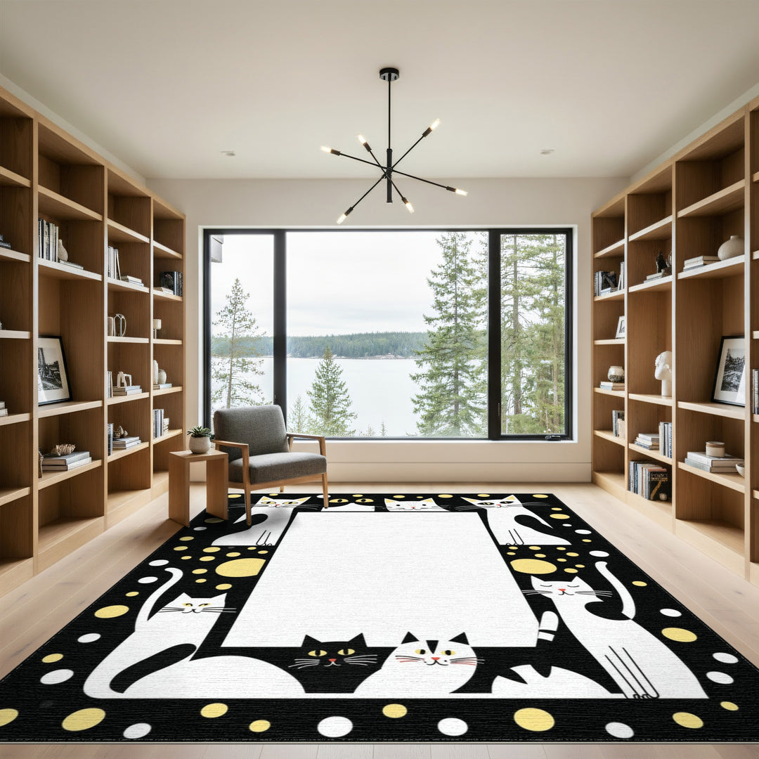 Black White Cartoon Cat Kids Area Rug