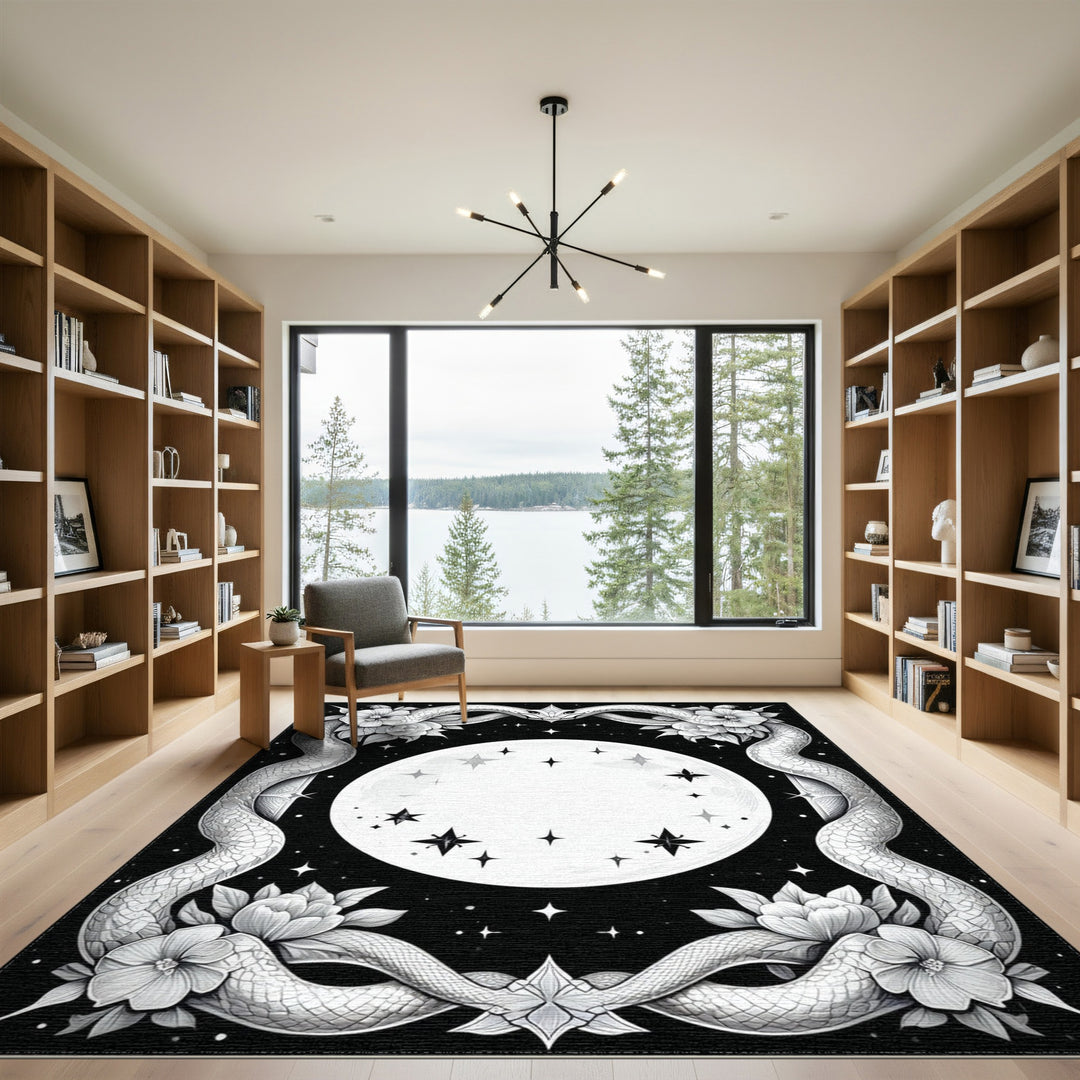Twin Serpent Moon Black White Area Rug