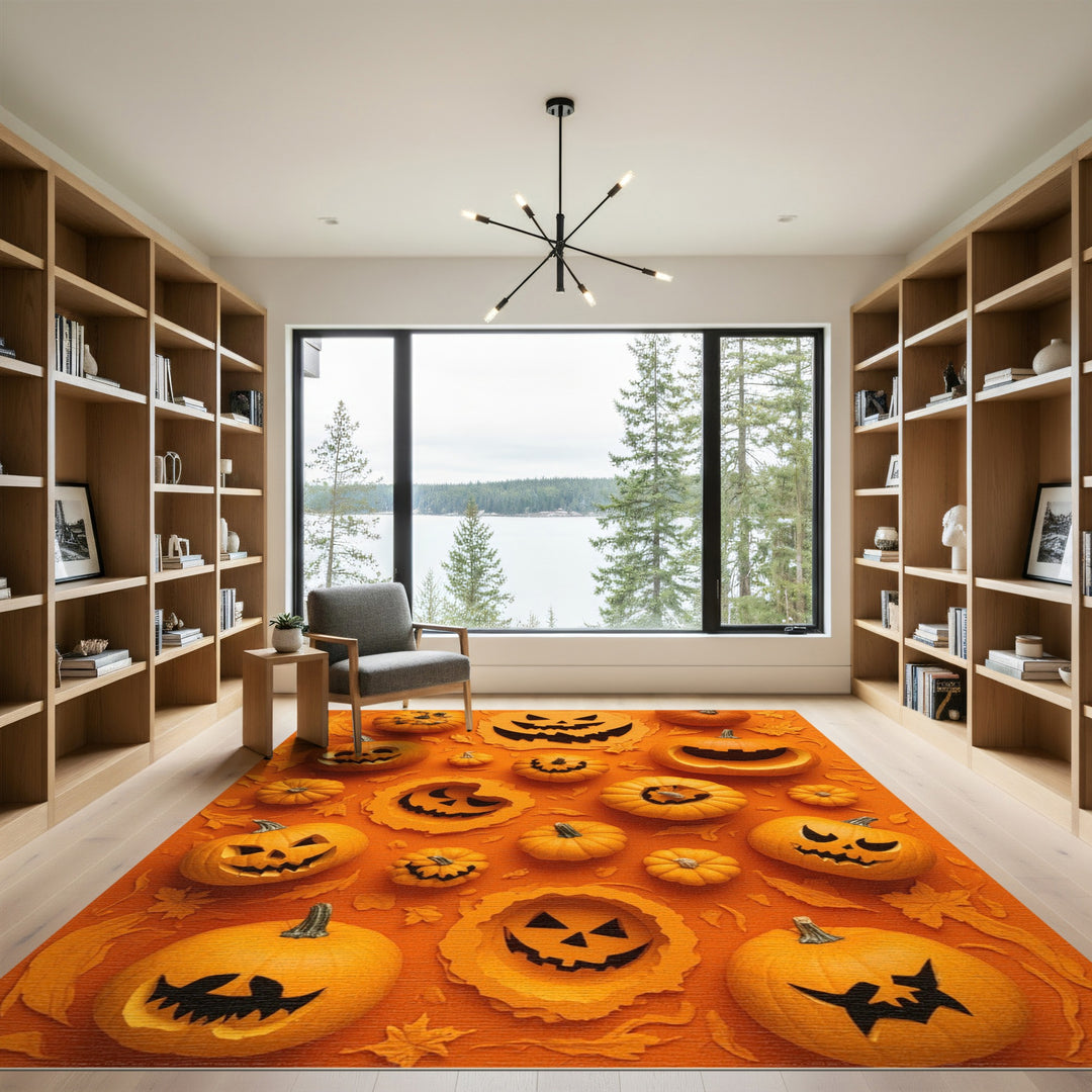 Orange Pumpkin Patch Jack-o'-Lantern Area Rug