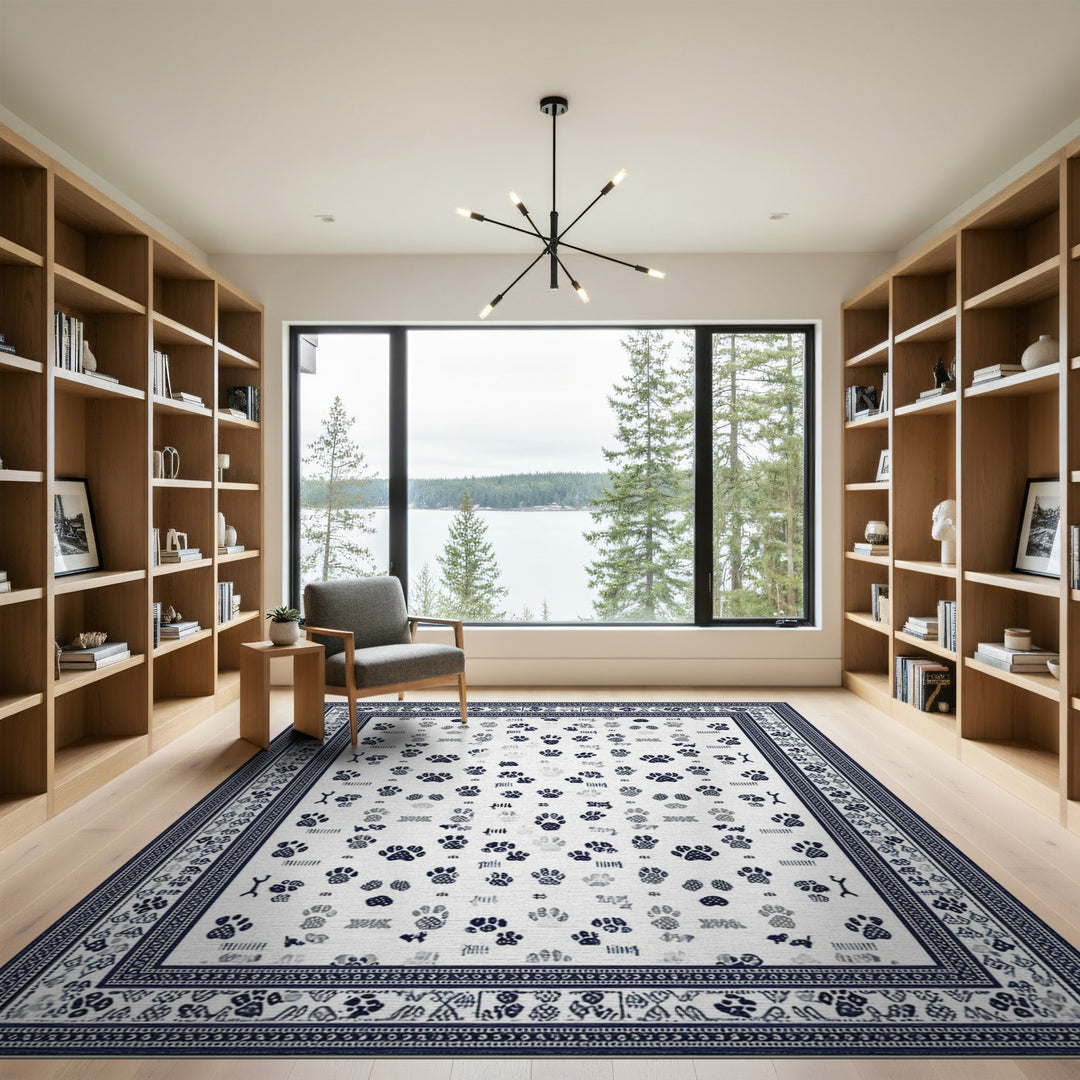 Blue Paw Print Washable Area Rug