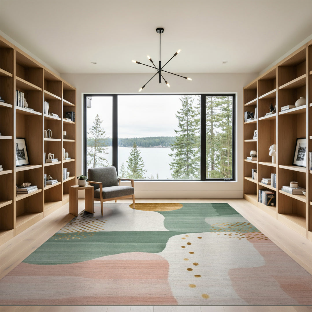 Abstract Teal Pink Gold Dot Area Rug