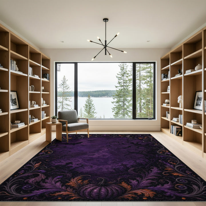 Purple Gothic Halloween Area Rug with Bats and Pumpkin