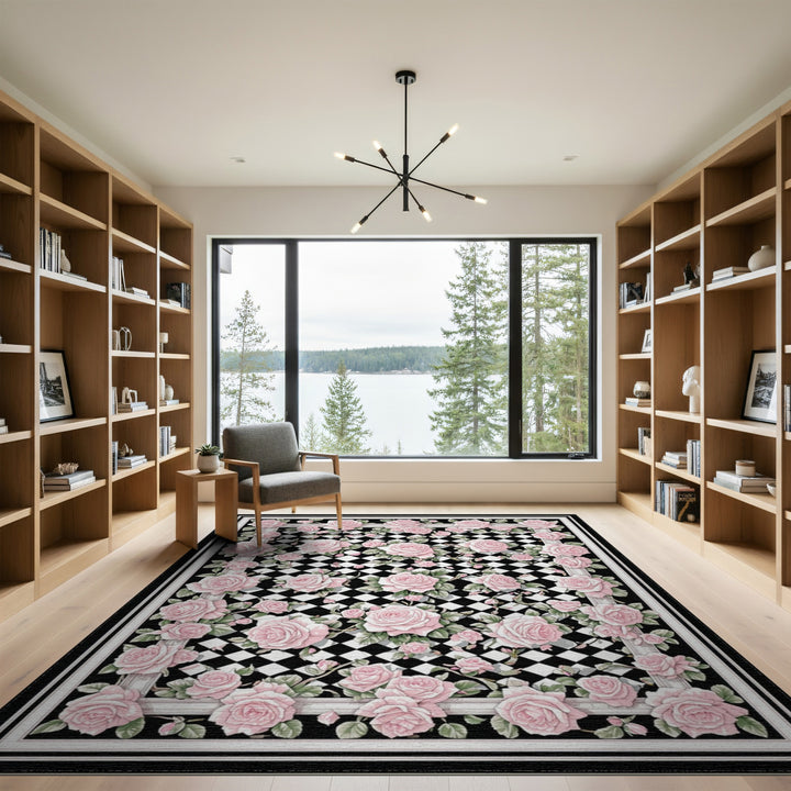 Pink Rose Trellis Checkered Area Rug