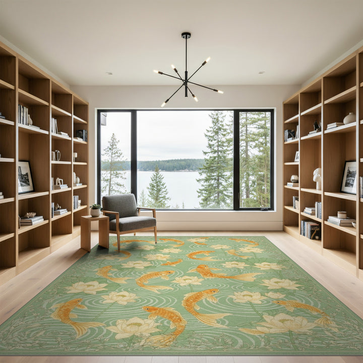 Green Koi Lotus Green Area Rug