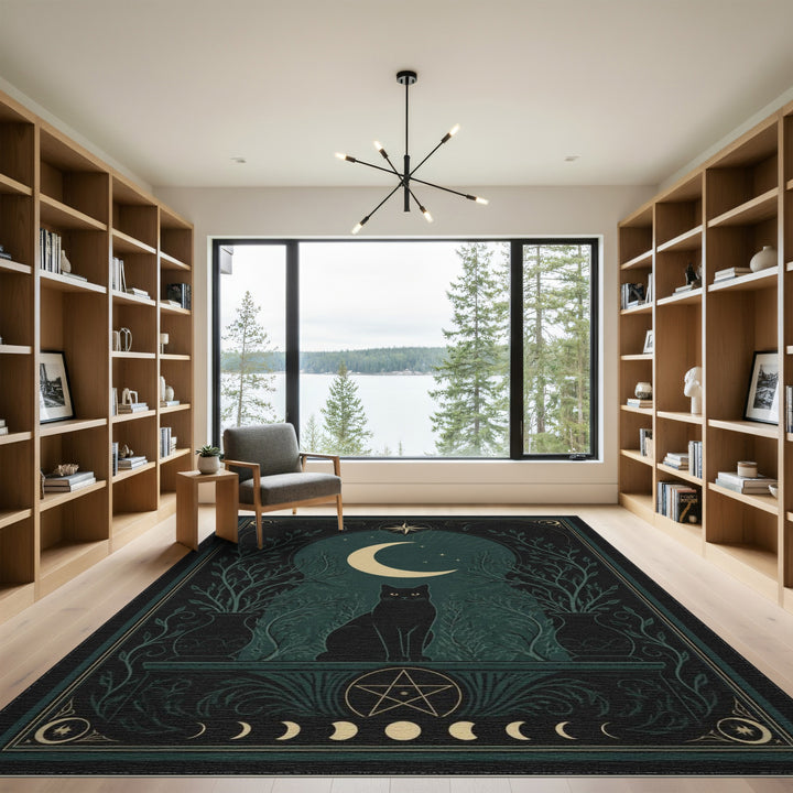 Mystic Black Cat Crescent Moon Area Rug