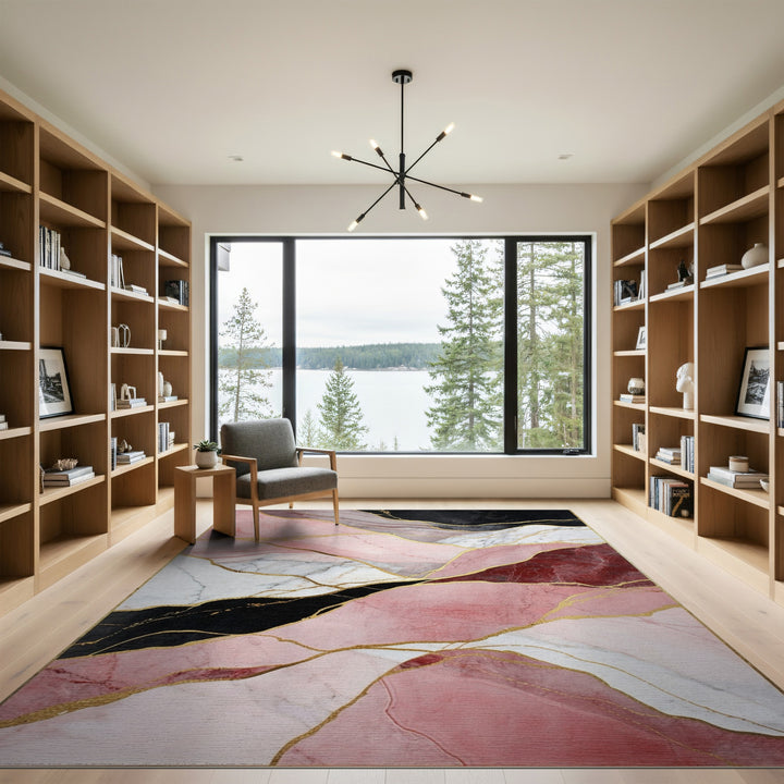 Pink Marble Pink Marble Gold Vein Abstract Area Rug