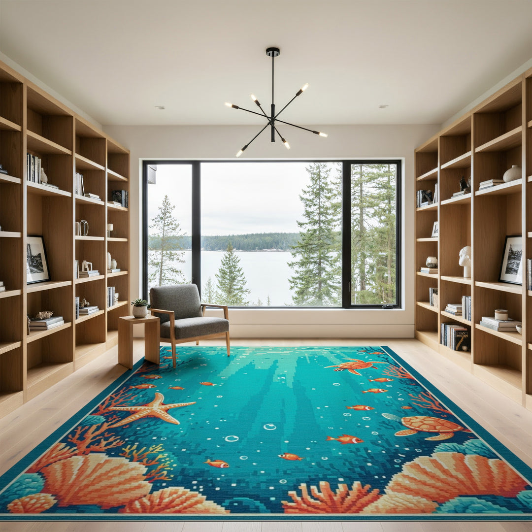 Sea Turtle Blue Teal Washable Area Rug