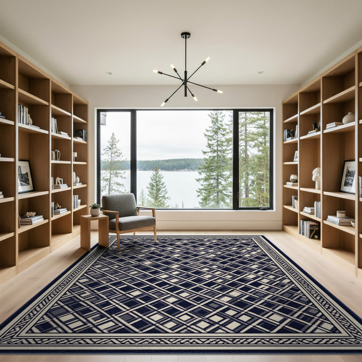 Navy Geometric Plaid Washable Area Rug