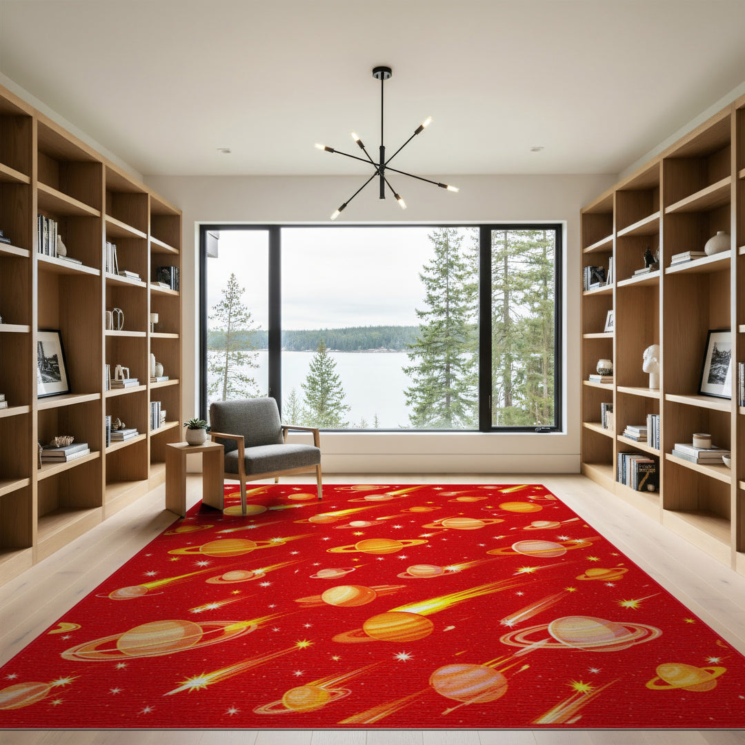 Red Cosmic Planets Kids Area Rug