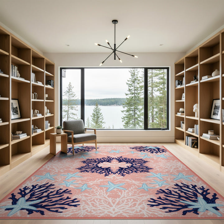 Pink Coral Starfish Coastal Area Rug
