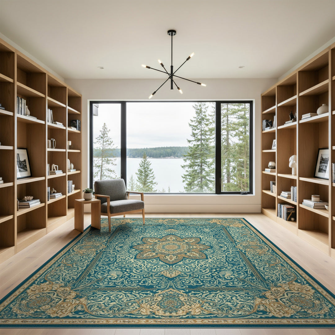 Teal Gold Traditional Persian Medallion Rug